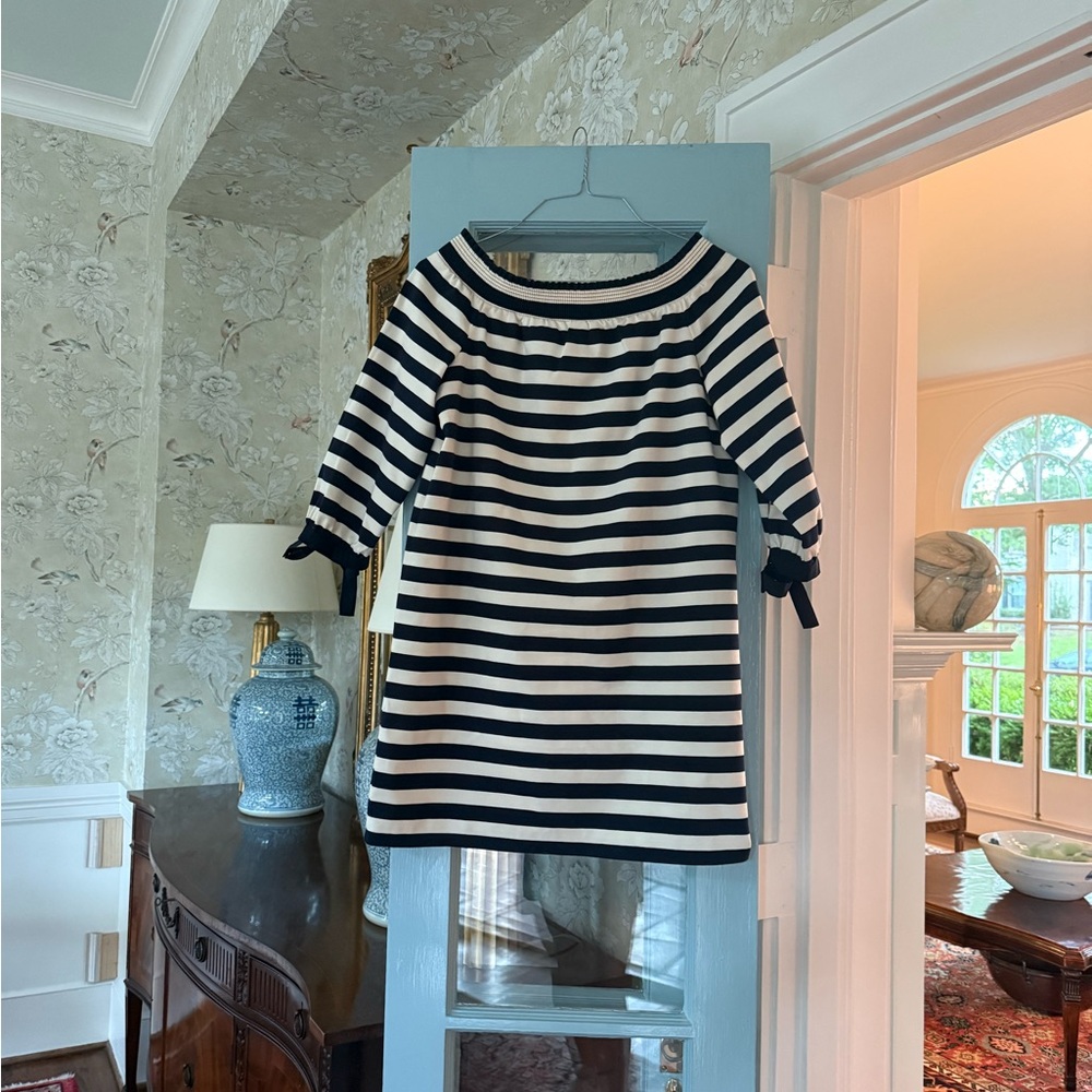 J. Crew Navy and Navy Ecru Bateau Neck Bow Sleeve Dress